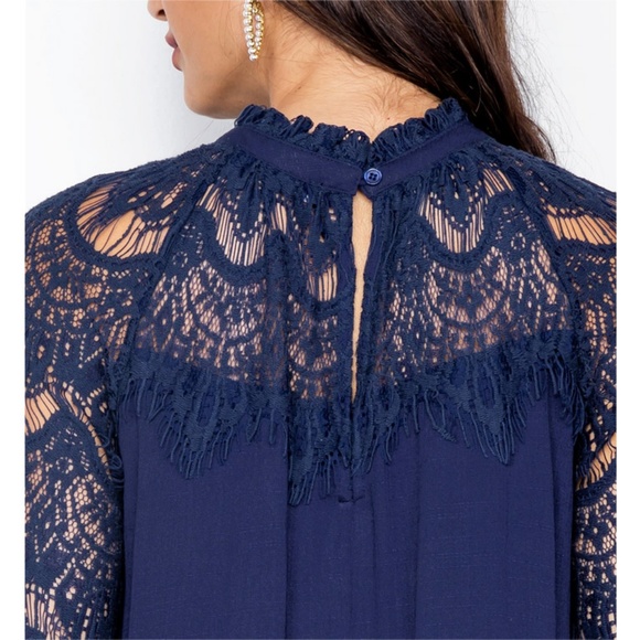 Navy Blue Crochet Lace Mock Neck Swing Shift Dress - Picture 3 of 8